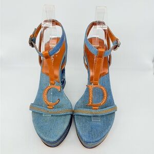 Christian Dior Vintage Denim Leather CD logo floral embroidered wedge heels 38.5